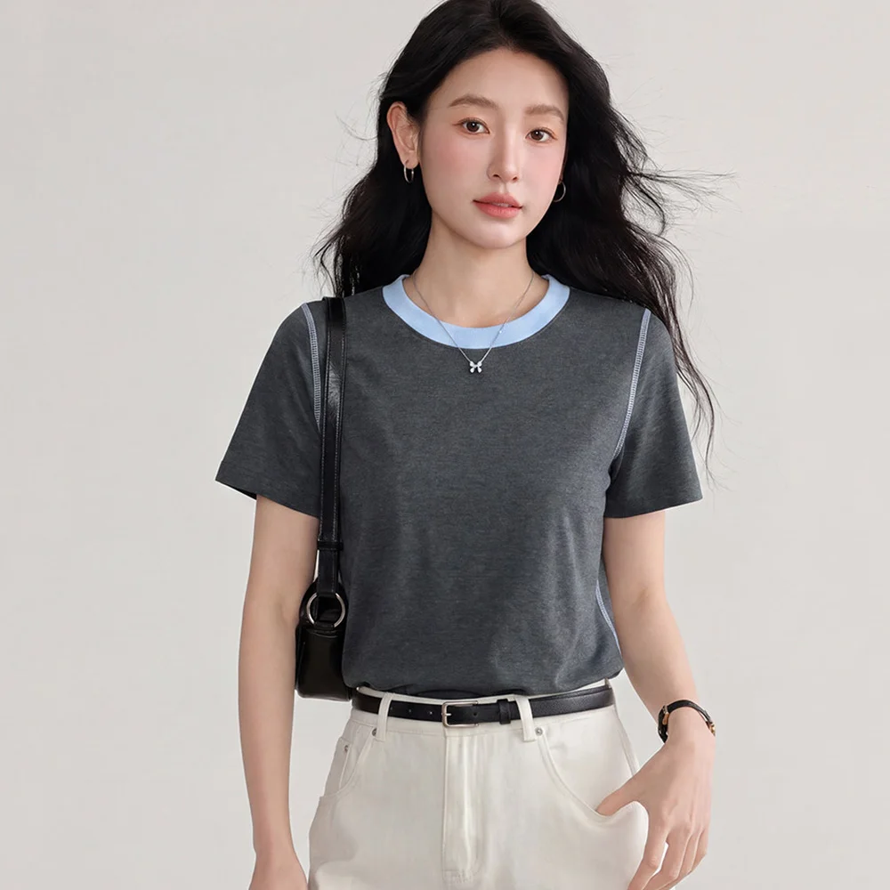 New Women Contrast Color Casual T-shirt Summer Fashion O-Neck Short Sleeve Loose Daily T-shirt Simplicity Pullover T-shirt