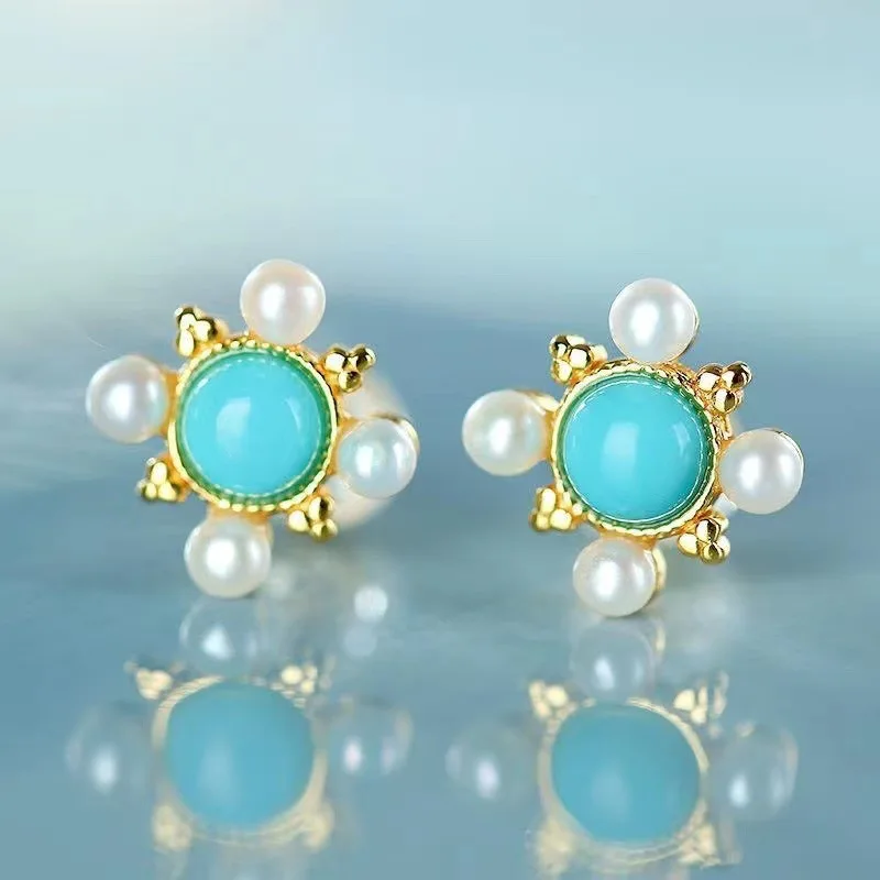 

Ancient gold craftsmanship inlay turquoise pearl earrings for women flowers Ear Studs fashion exquisite wedding jewelry