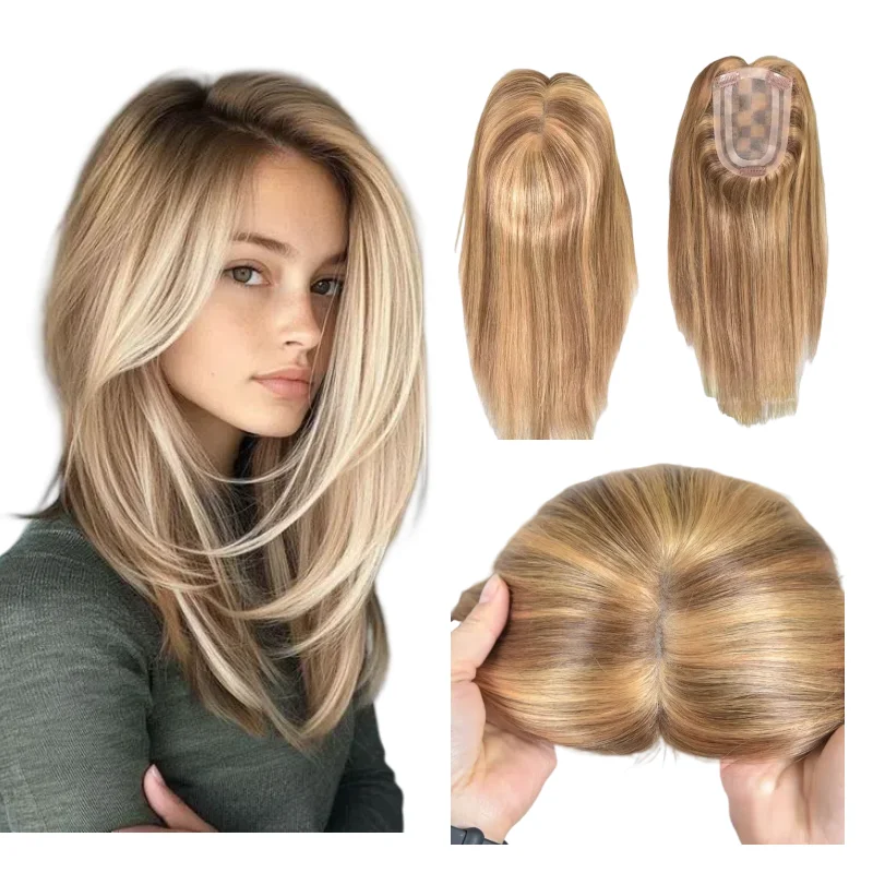 

Women Hair Topper Hand Tied 100% Human Hair Mono Pu Base 4x6inch 12inch Middle Part For Alopecia