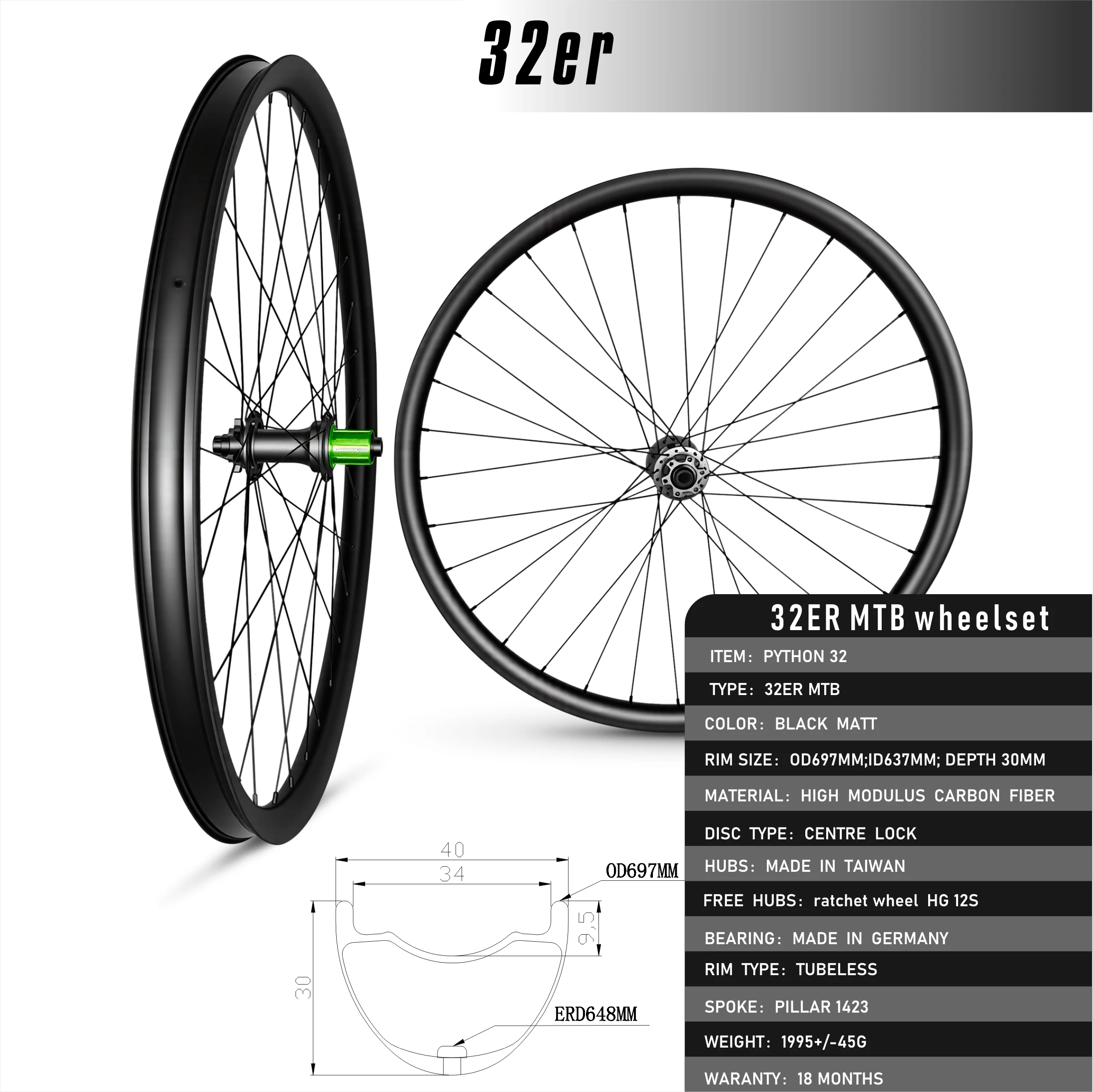 Hot Sale PYTHON 32ER Carbon MTB Wheelset 1995g Tubeless 30mm Center Lock HG12 German Bearing XC Trail Mountain Bike Carbon Wheel