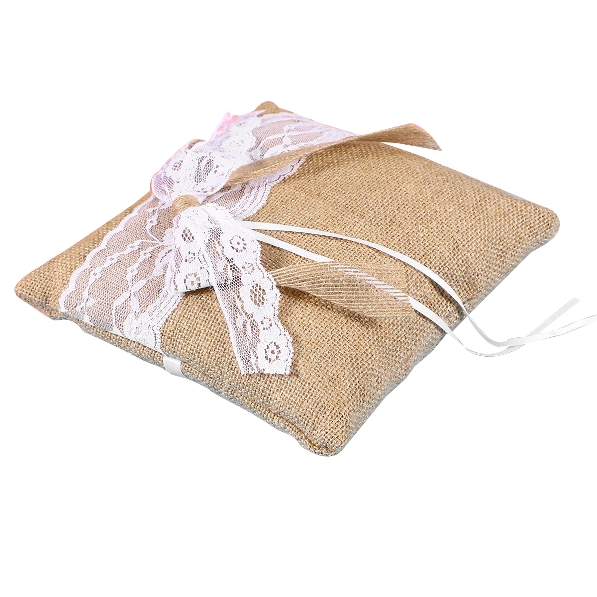 

Rustic Retro Wedding Ring Pillow 20x20cm Brown Burlap Lace Trim Bowknot Bride Ceremony Decor Elegant Ornament DIY