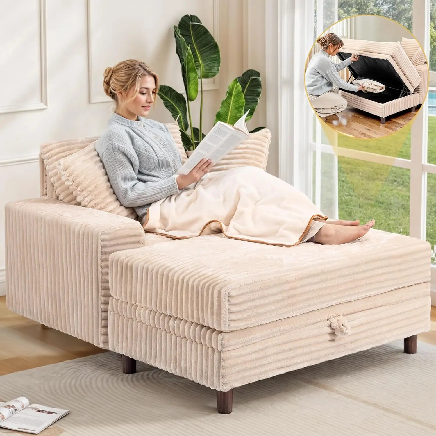 

54-дюймовый большой шезлонг для дома, удобный диван-кровать с местом для хранения и пуфиком, мягкие стулья для чтения, облачные диваны, хаки