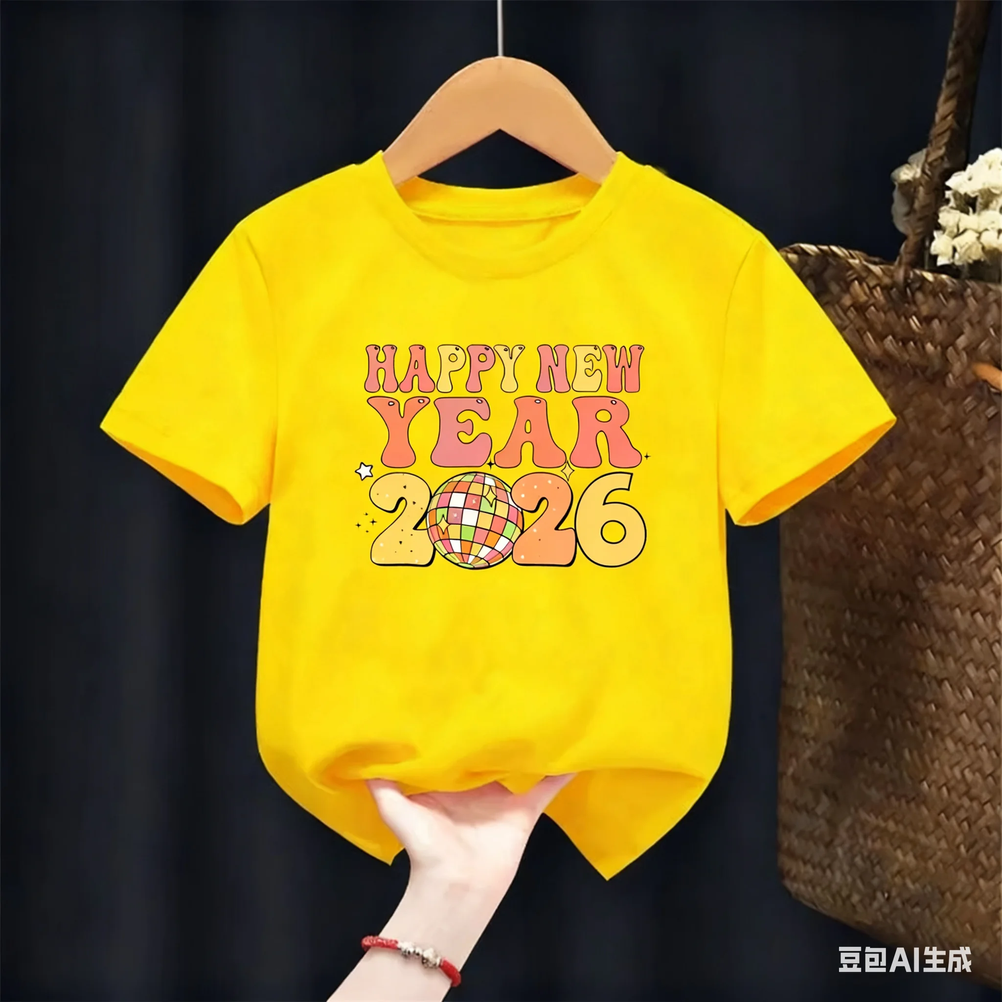 مرحبا 2026 سنة جديدة سعيدة موضة الفتيات تي شيرت لطيف ملابس الأطفال التي شيرت السنة الجديدة هدية زي عطلة زي حفلة تيز #1