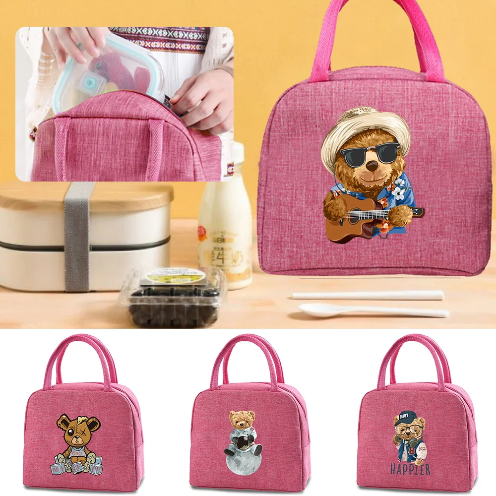 

Bear Print Ice Cream Cooler Bags Lunch Bag Portable Insulated Travel Bento Tote Thermal School Food Storage Handbag Teacher Gift