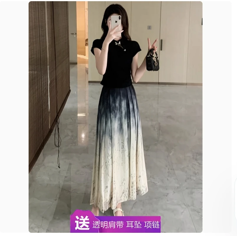 Novo estilo chinês retro moda temperamento, idade reduzindo botão borboleta manga curta pintura a tinta vestido de rosto de cavalo plissado