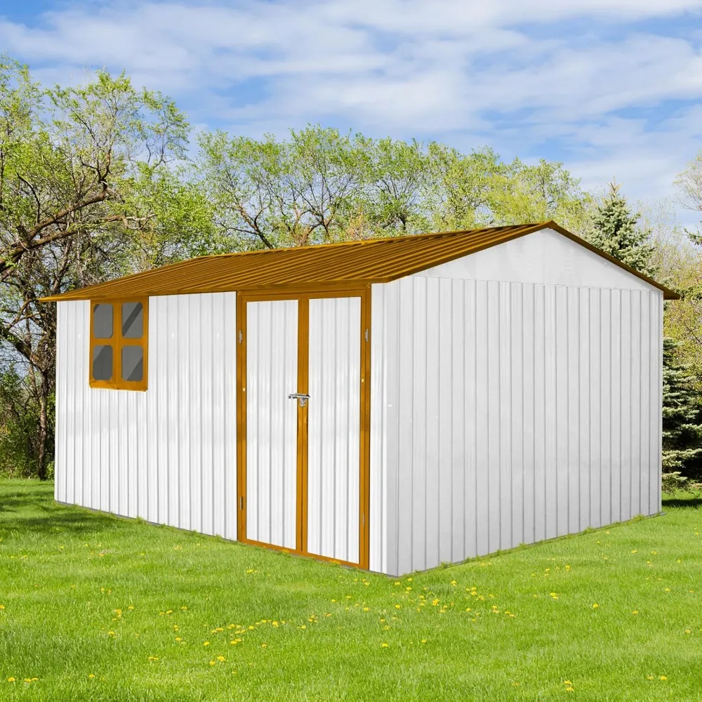 

10x12 FT Outdoor Storage Shed, Large Metal Garden Shed with 4-pane Window, Outside Tool Shed with Lockable Hinged Door & 4 Air V