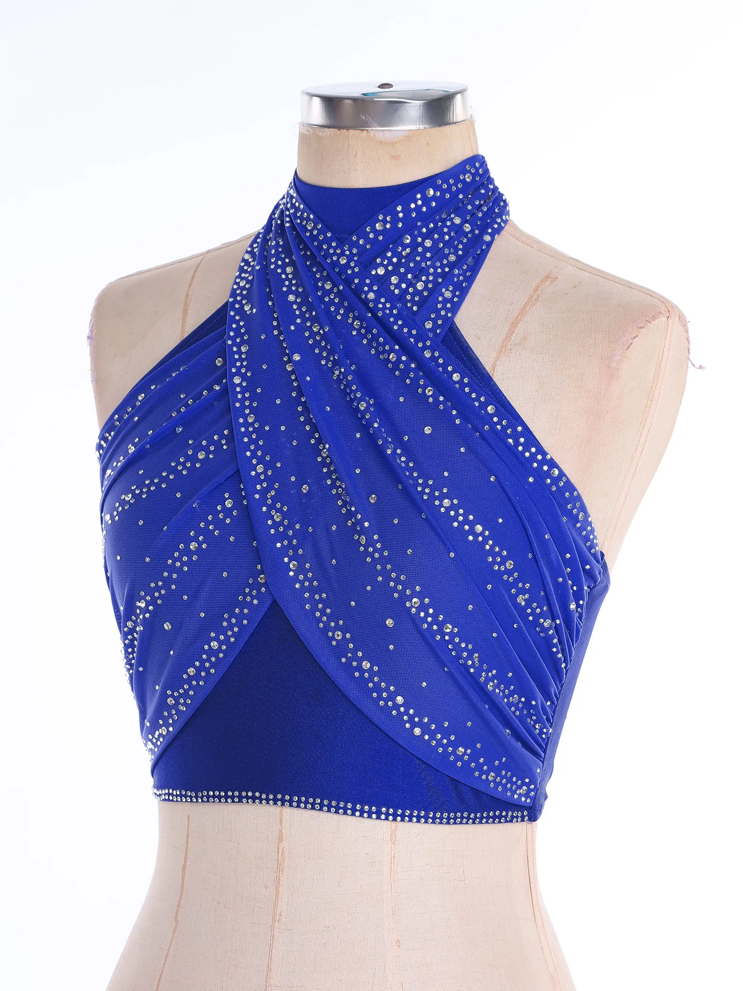 Womens Salsa Cha-Cha Latin Dance Top Halter Sleeveless Strappy Backless Rhinestones Front Cross Ruched Mesh Overlay Crop Tops