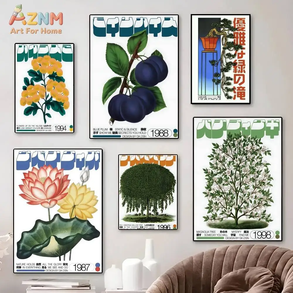 

AZNM Vintage Japanese Botanical Canvas Wall Art, Retro Plum Lotus Magnolia Tree Print Poster, Minimalist Nature Typography Unfra