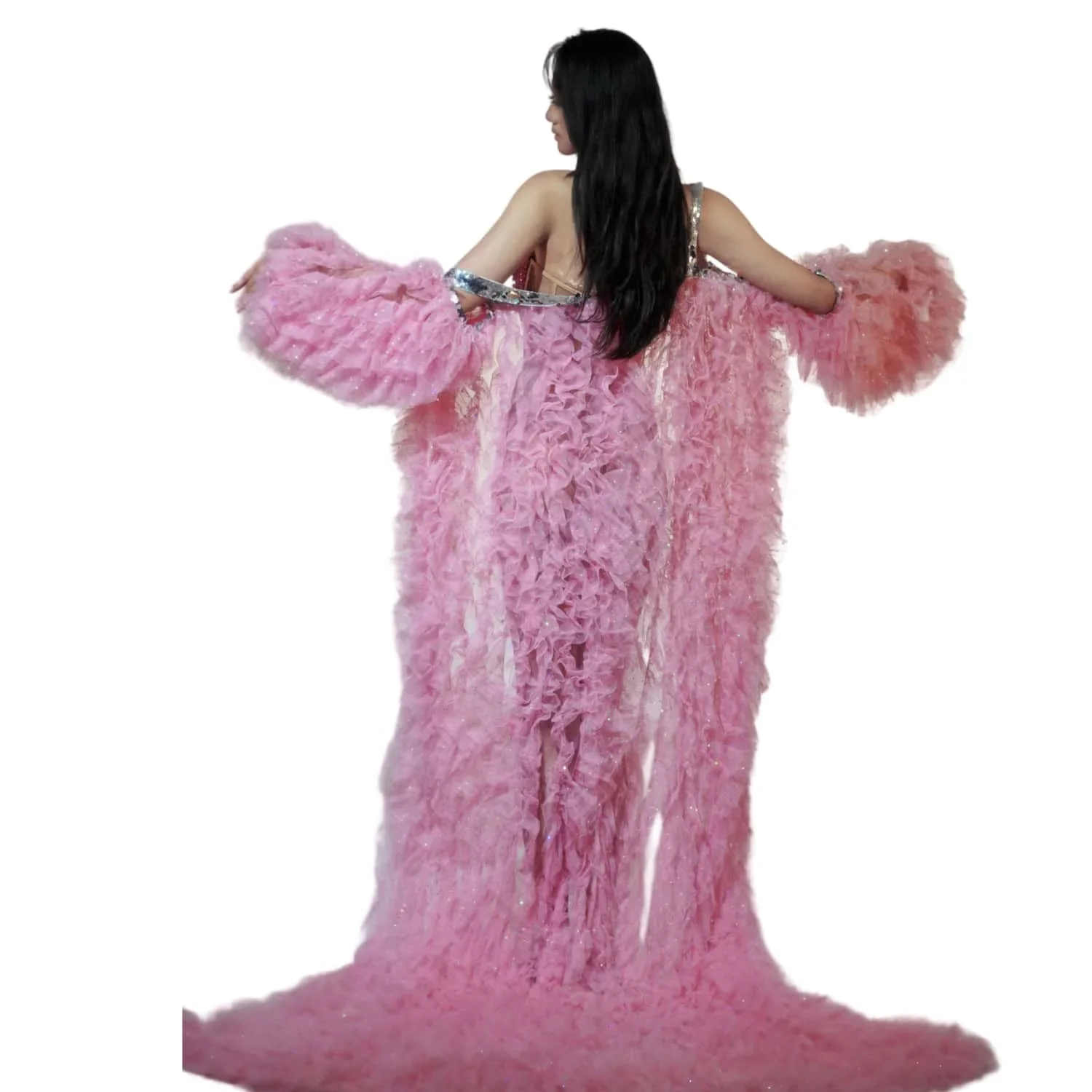 

Amazing Tulle Coat for Stage Performance Pink Tulle Fluffy Cape Ruffles Coat Long Sleeve Tulle Cloak Women Long Jacket Pifeng