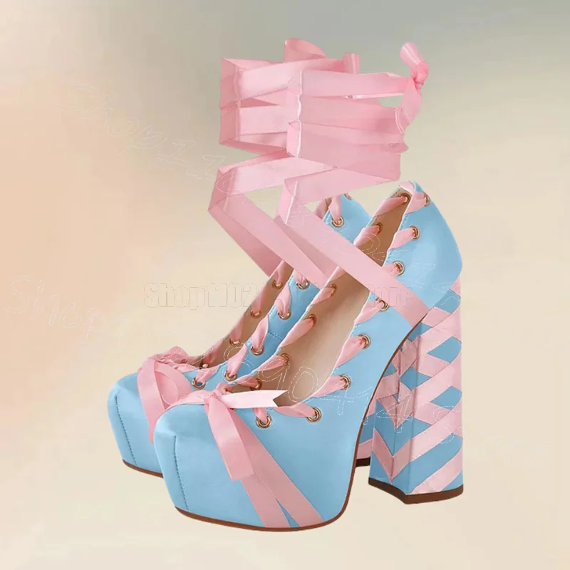 

Pink Bow Knot Sky Blue Silk Round Toe Twine Pumps Lace Up Women Shoes Chunky High Heels Party Banquet 2025 Zapatos Para Mujere