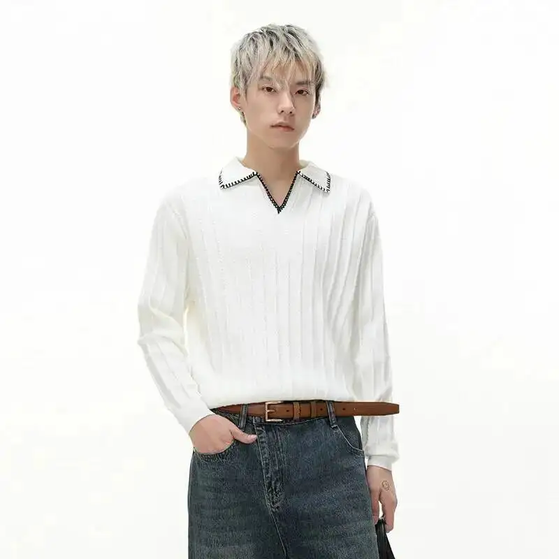 Korean Style Men's Tees Turn-down Collar Casual Contrast Color Knitting T-shirts Long Sleeved Loose Pullover Male Top 9SRPI