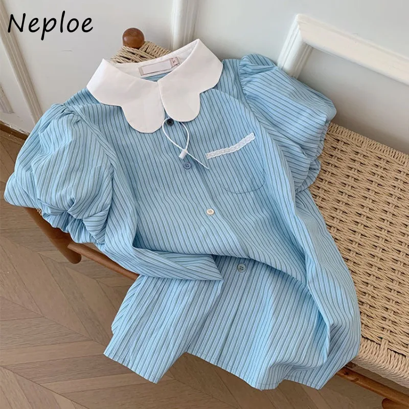 Neploe Sweet Blue Striped Peter Pan Collar Blouses Summer New Single Breasted Shirts Women Y2k Short Sleeve Loose Blusas Mujer