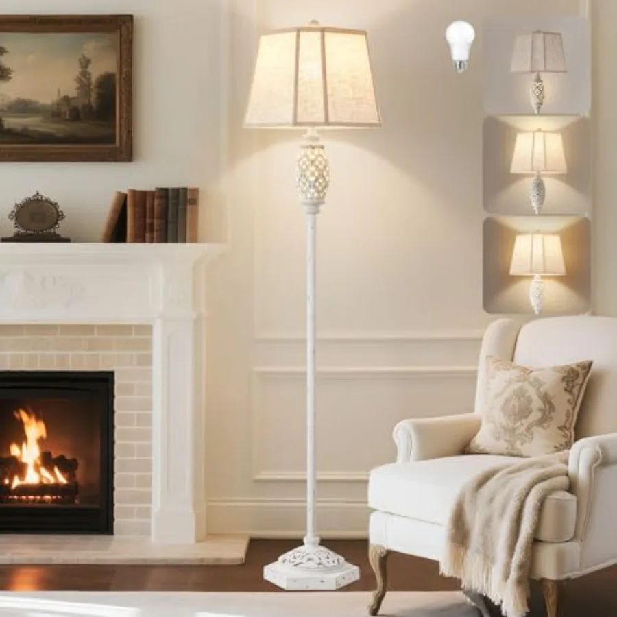 Rustic Floor Lamp with Floral Cutouts and Light Vintage Farmhouse Style Standing Lamp Resin Floor Lamps for Living Room Bedroom