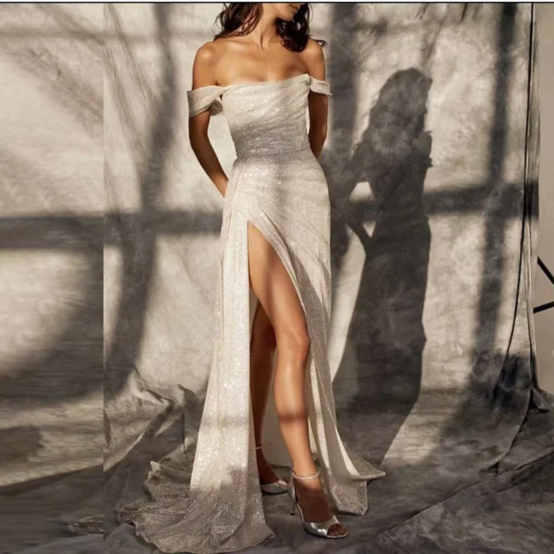 

Индивидуальные блестящие блестки с высоким боковым разрезом и складками Длинные платья для выпускного вечера Милая с открытыми плечами Русалка Вечерние платья