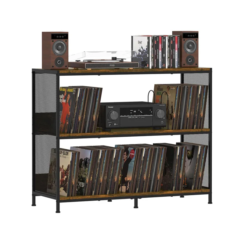 Mesa para tocadiscos, estante de almacenamiento de discos de vinilo bilateral, estante para tocadiscos, combinación de hierro y madera