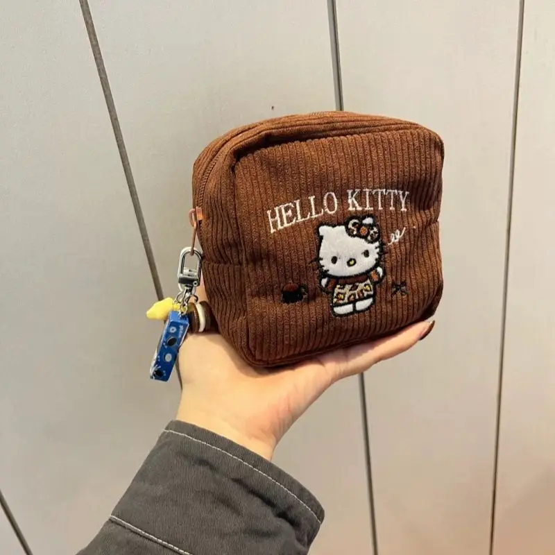 Hello Kitty Small Square Bag Women's Corduroy Embroidery Coin Purse Wallet Portable Cash Cards Key Earphone Cosmetics Pouch Gift