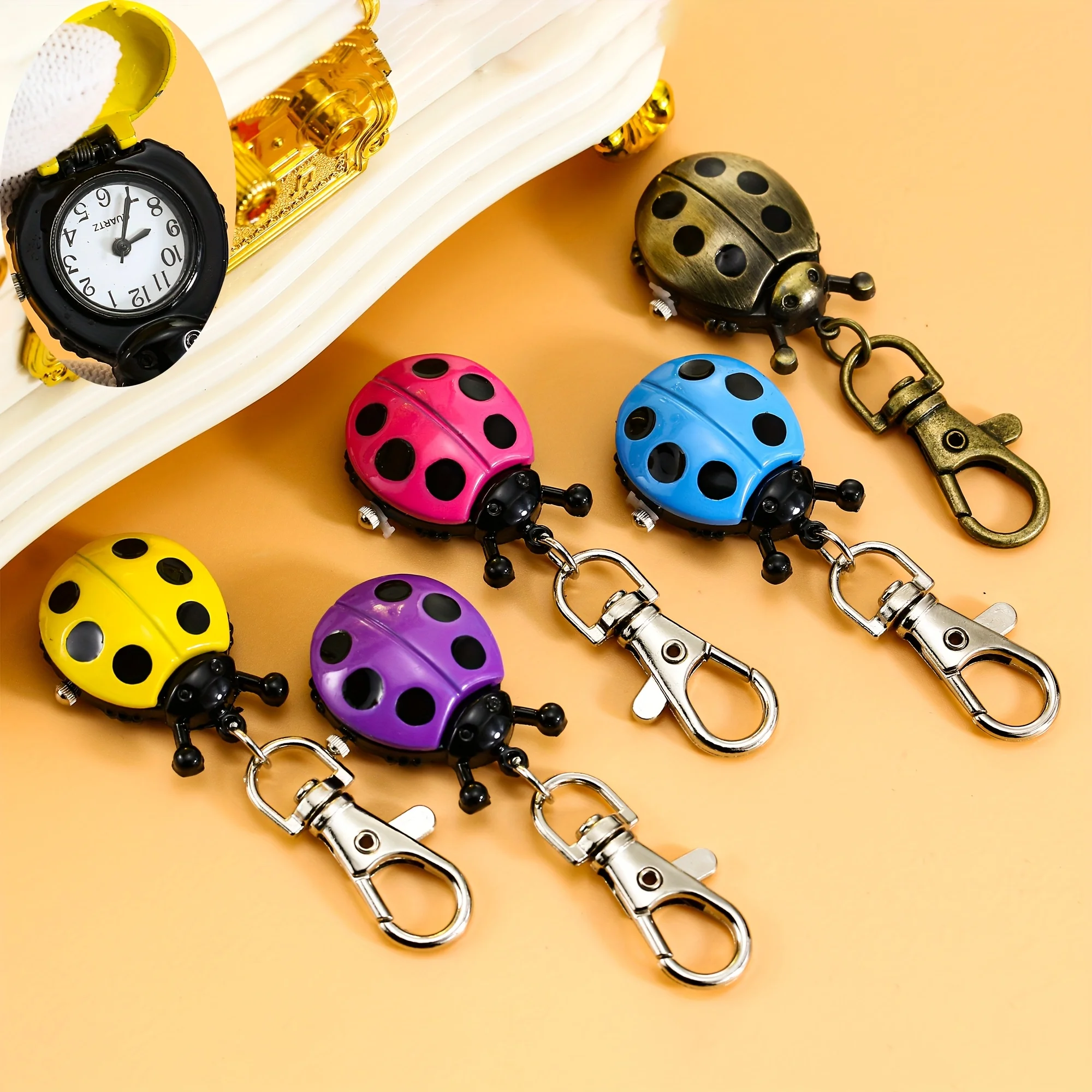 New Colorful Seven Star Ladybug Keychain Watch Wall Watch Fashion Trend Pocket Watch Multiple Colors Flip up Wall Watch Gift