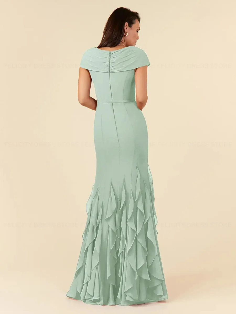 Fashion Mother of the Bride Dresses 2023 Mermaid V-neck Chiffon Floor-Length Ruched Wedding Party Dresses Robes Invitée Mariage