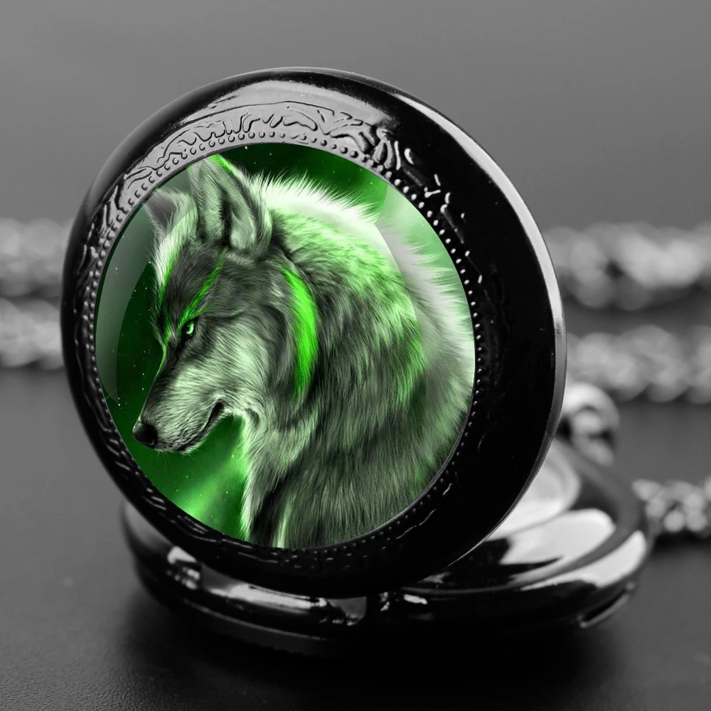 Cool Mysterieus Groen Wolf Patroon Vintage Quartz Zakhorloge Mannen Vrouwen Hanger Ketting Klok Horloge Kids Sieraden Geschenken