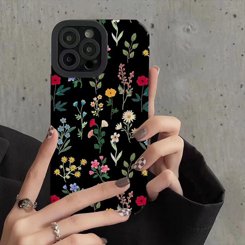 Spring Botanicals Black Phone Cases for IPhone 11 Case 14 Pro Max 15 Pro Max IPhone Case for IPhone 13