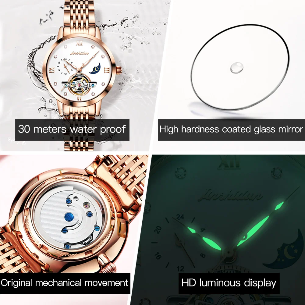 JSDUN Original Lady Automatic Mechanical Wrist Watch Waterproof Moon Phase Fashion Women Watches High Quality Watch for Women