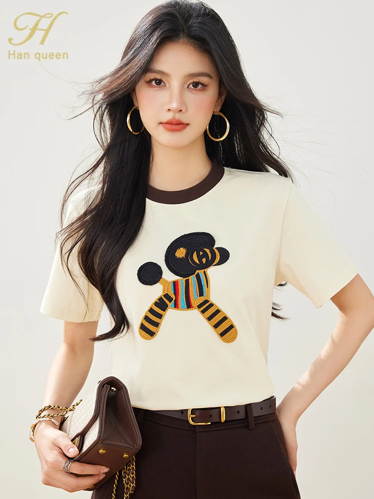 H Han Queen 2025 Simple Female Clothing Printing Office T-Shirt Short Short Sleeve Tops Casual Korean Style Vintage Tees Women