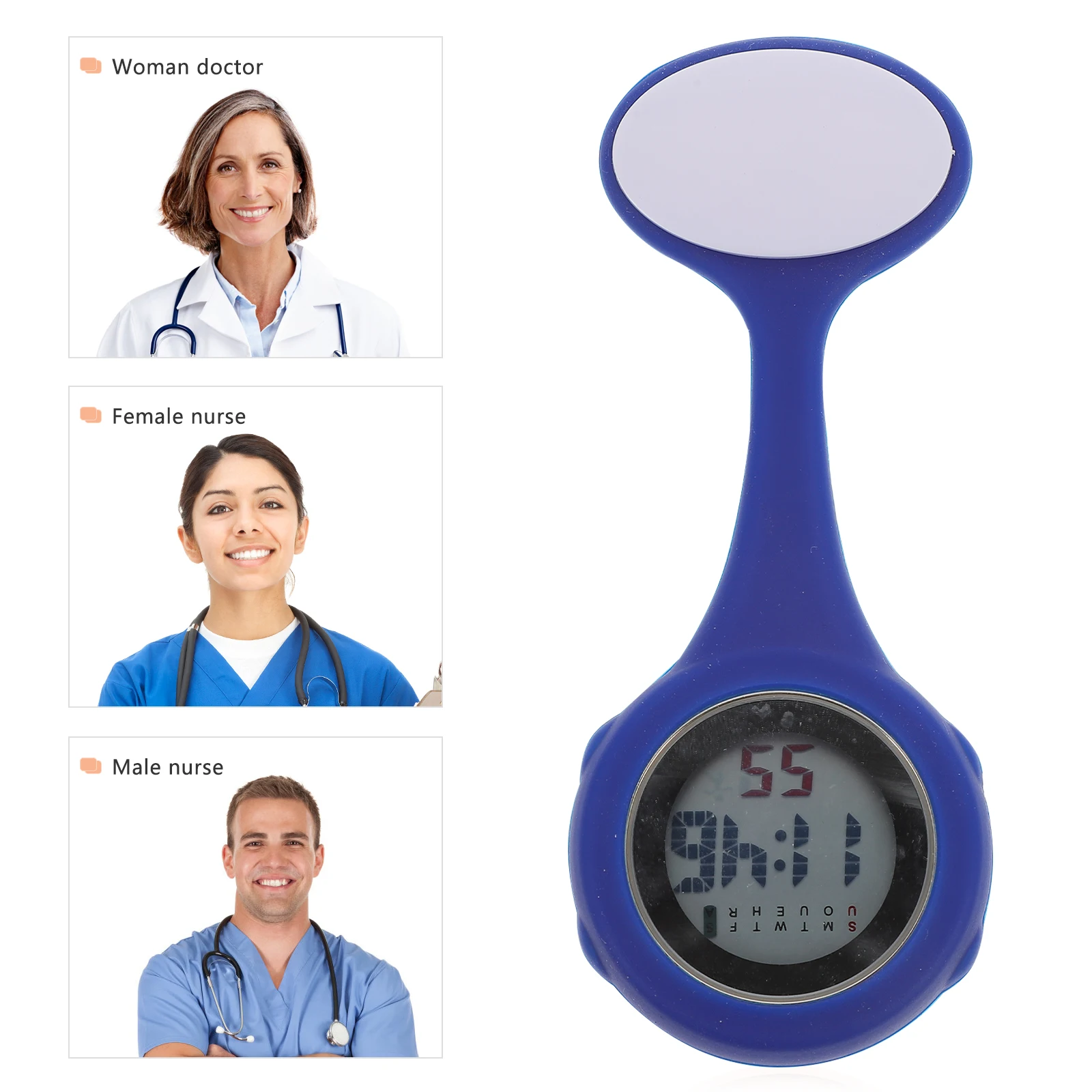 

Silicone Nurse Watch Blue Pin Design Hanging Pocket Watch Lightweight Portable Multi Function Time Date Display Zinc Alloy