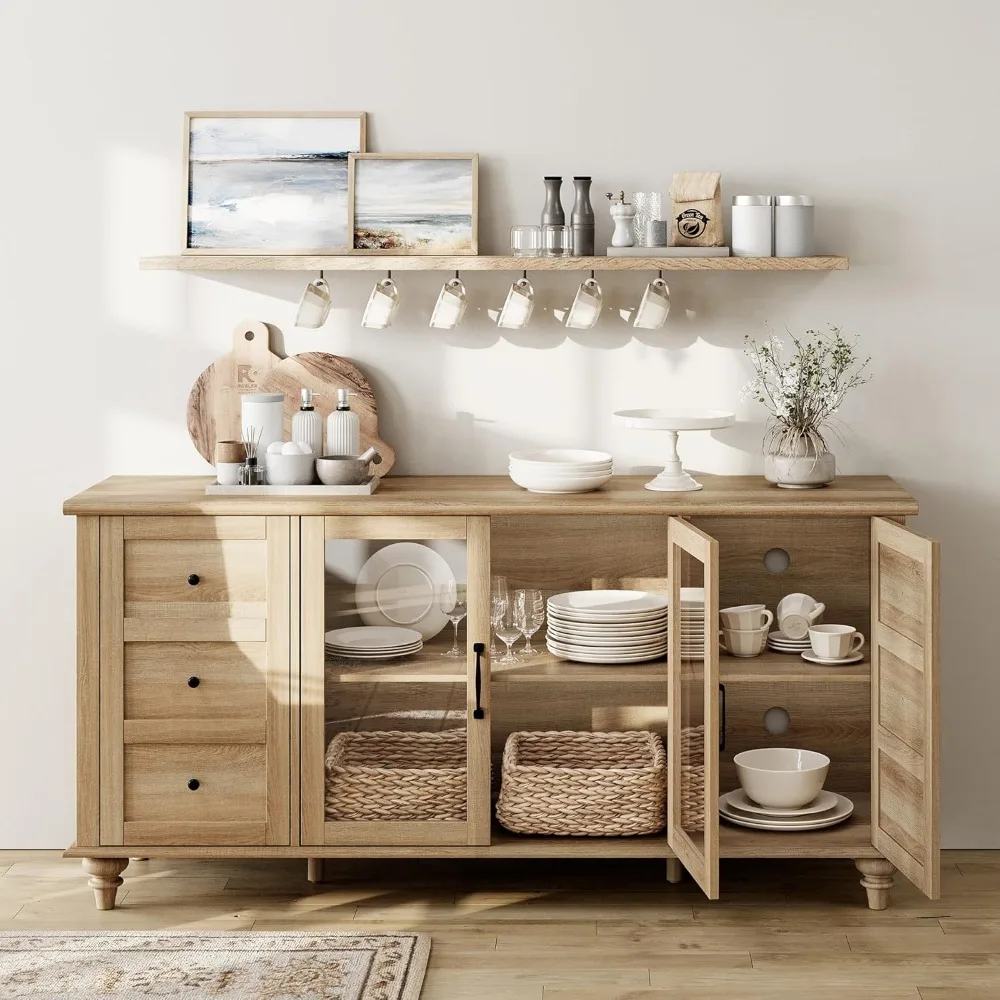 Credenza Buffet con anta in vetro, armadietti da cucina, tavolini da caffè in legno, credenza in accento C