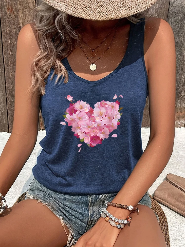 Flower Heart Graphic Tank Top Women Trendy Pink Hearts Floral Summer Short Tops Woman Flower Lover Gift Summer Racerback Tanks