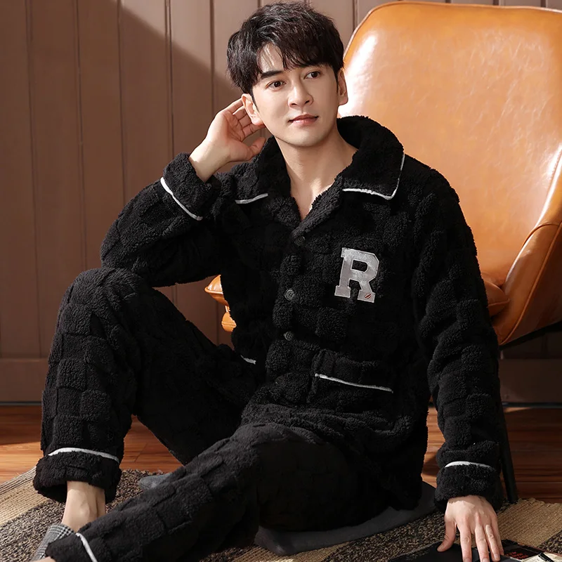 M-4XL Men Pajamas Set Winter Thick Warm Flannel Pyjama Male Long Sleeve Turn-down Collar Sleepwear