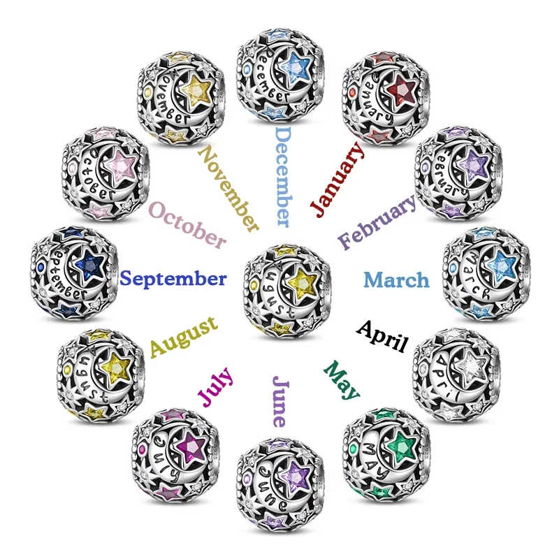 925 Sterling Silver Month Birthday Stone Round Beads fit Women Charm Bracelet Bangle DIY Jewlry Making 2