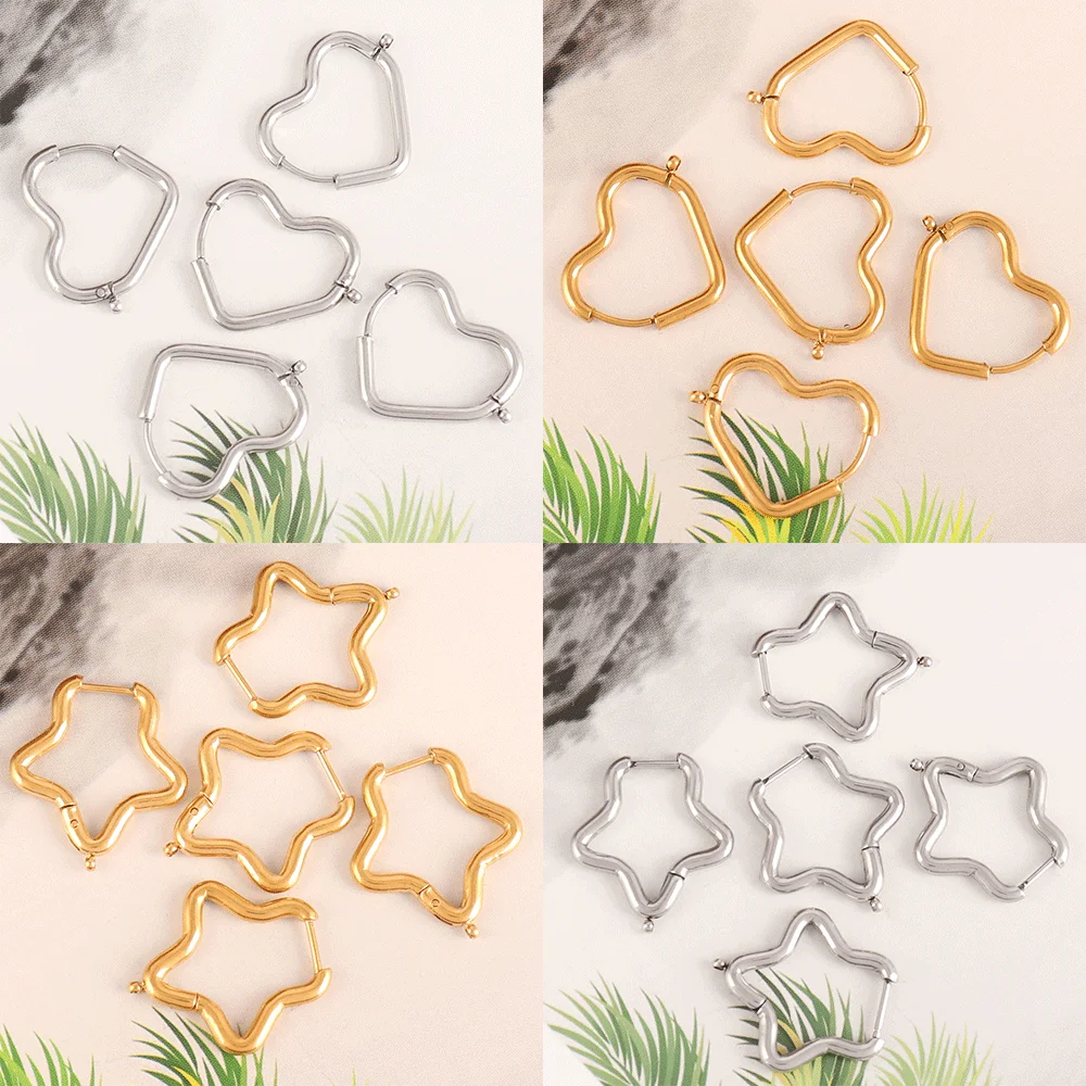 Pendientes de aro de corazón de acero inoxidable 316L, 5 piezas, postes, estrella, ovalados geométricos, Base para pendientes, accesorios para hacer