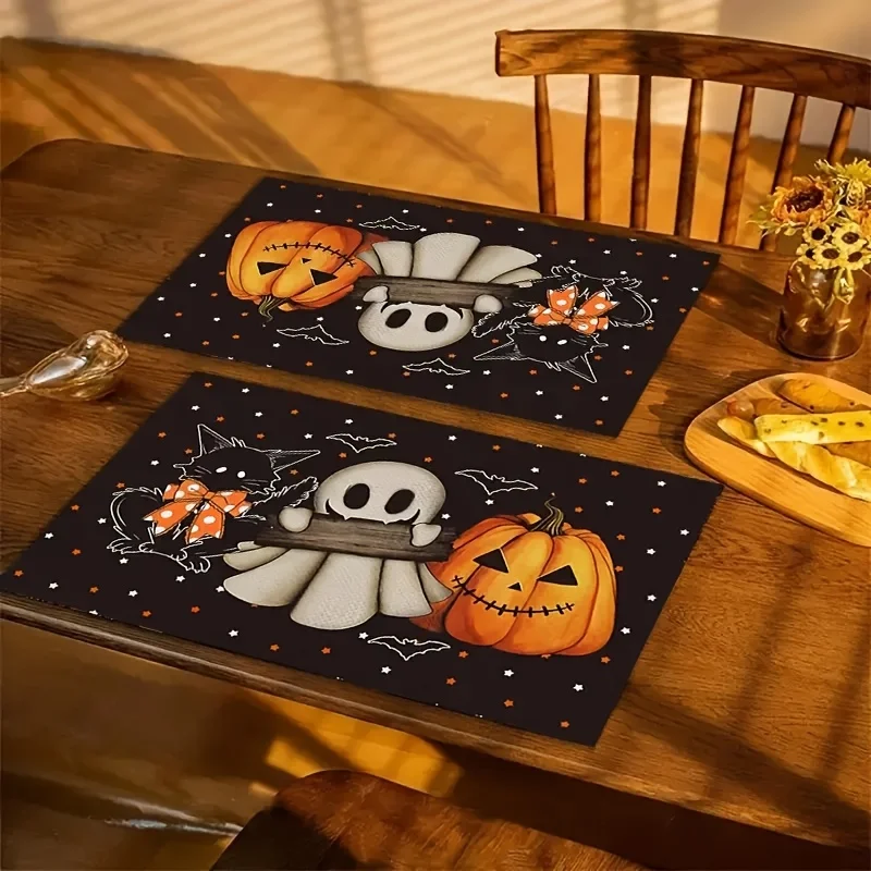 VIKAMA Halloween Ghost Pumpkin Black Cat Placemat Cute Cartoon Linen Heat Resistant Dining Table Mat for Kids Party Home Decor