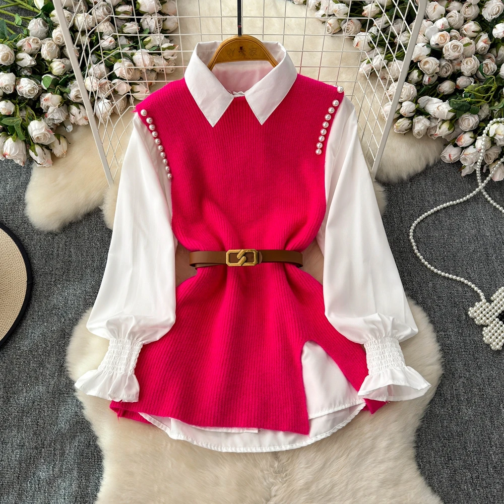 Autumn Winter Shirt Knitted Vest Two-Piece Set for Women Small Fragrant Blouse With Vest Two Piece Shirt Set