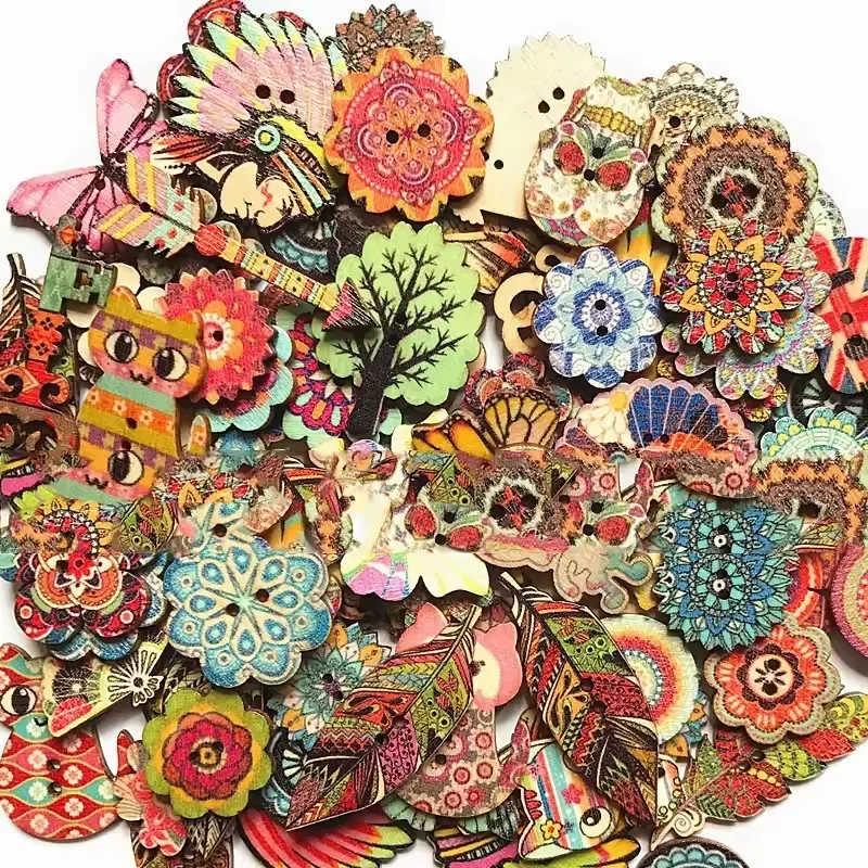 200PCS Wooden Sewing Buttons Colorful Bird Wood Button Decor Sewing Button for Crafting Knitting and Scrapbooking Random Designs