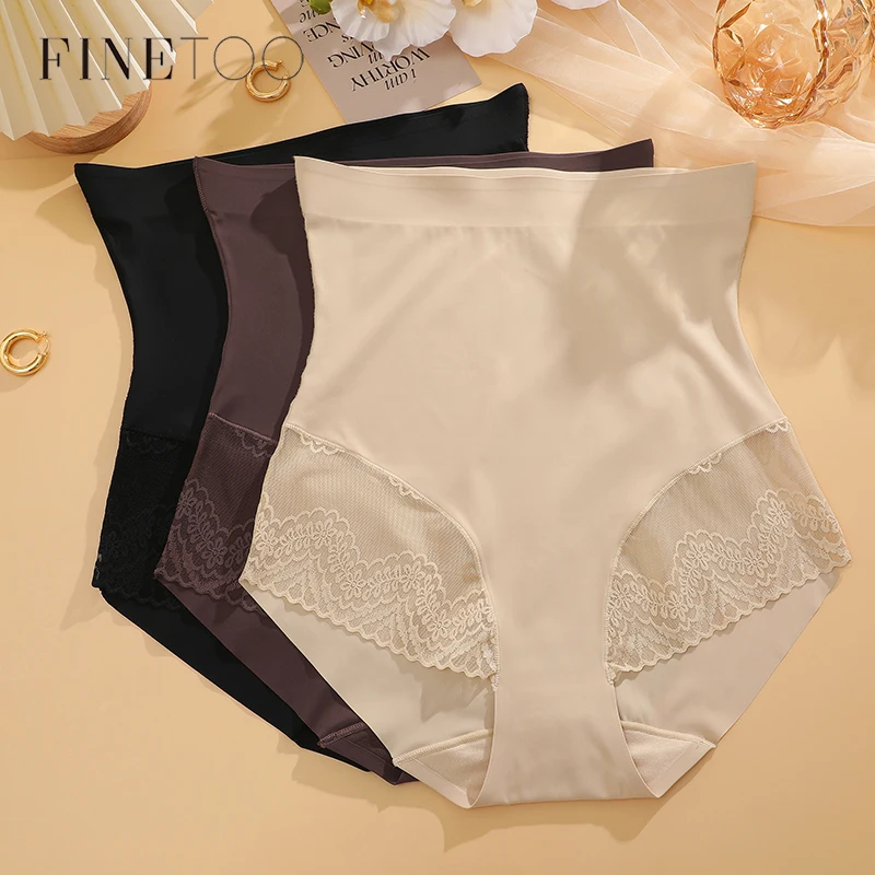 FINETOO High Waist Tummy Control Panties Women Floral Lace Underwear Seamless Butt Lifter Belly Shaping Cincher Briefs S-XXXL