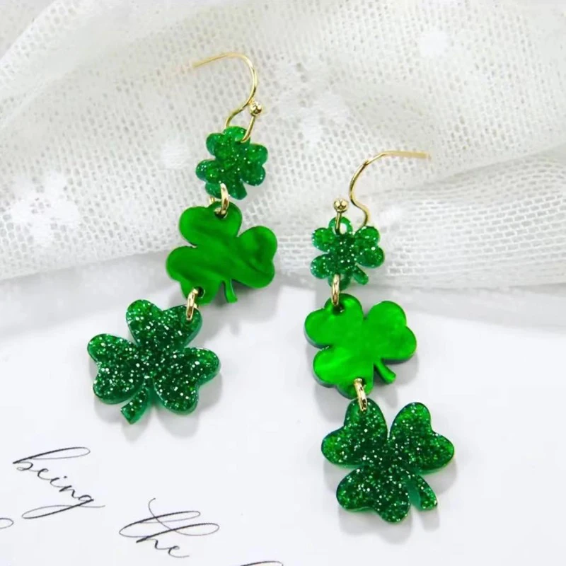 Fashion Green Clover Earrings For Women Fashoin Glitter Acrylic Drop Earrings Holiday St. Patrick Jewelry Gift