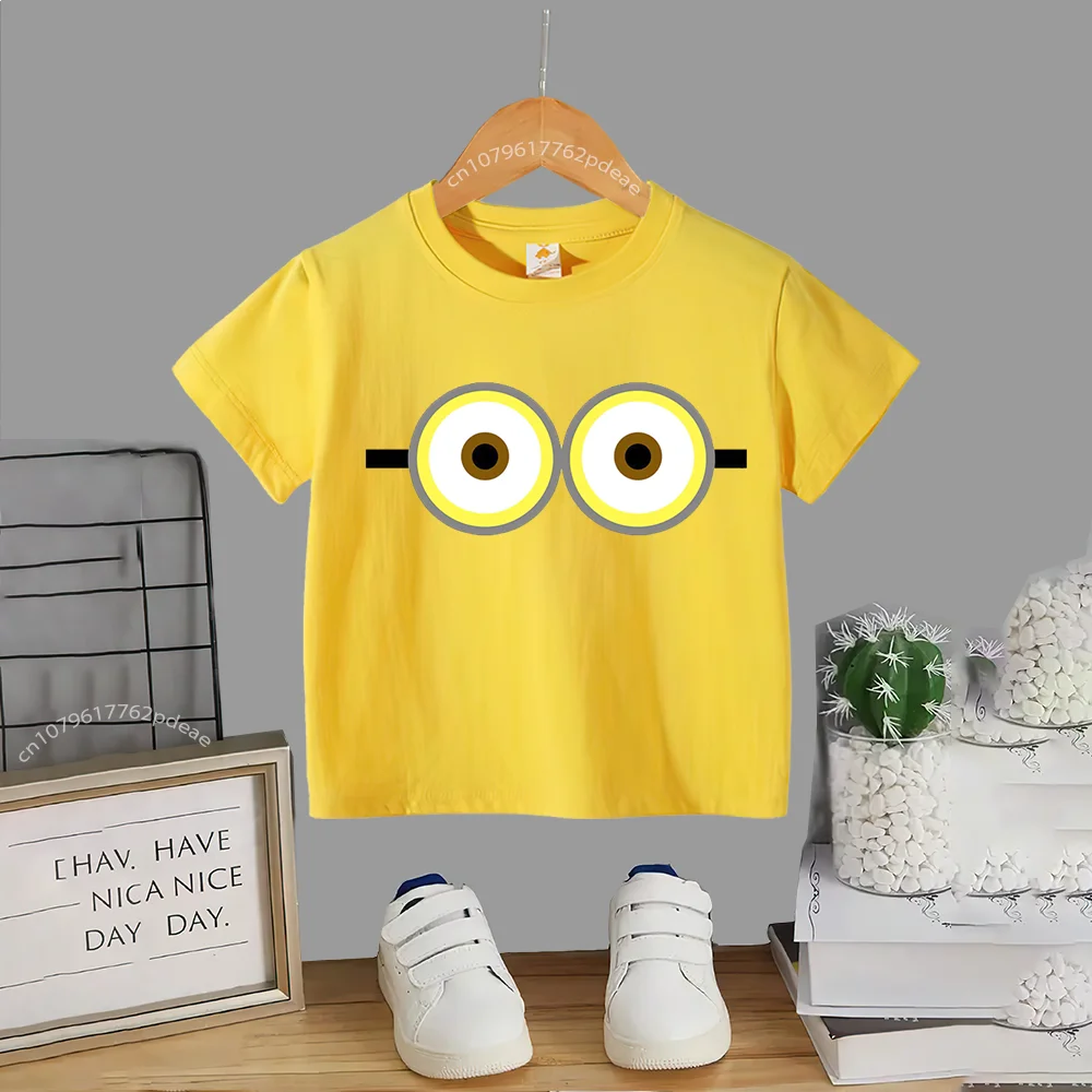 Teen Summer 100% Cotton T-shirt Kids Cartoon Minions Simple Printed round neck Cotton T-shirt Boys Girls Comfortable short sleev