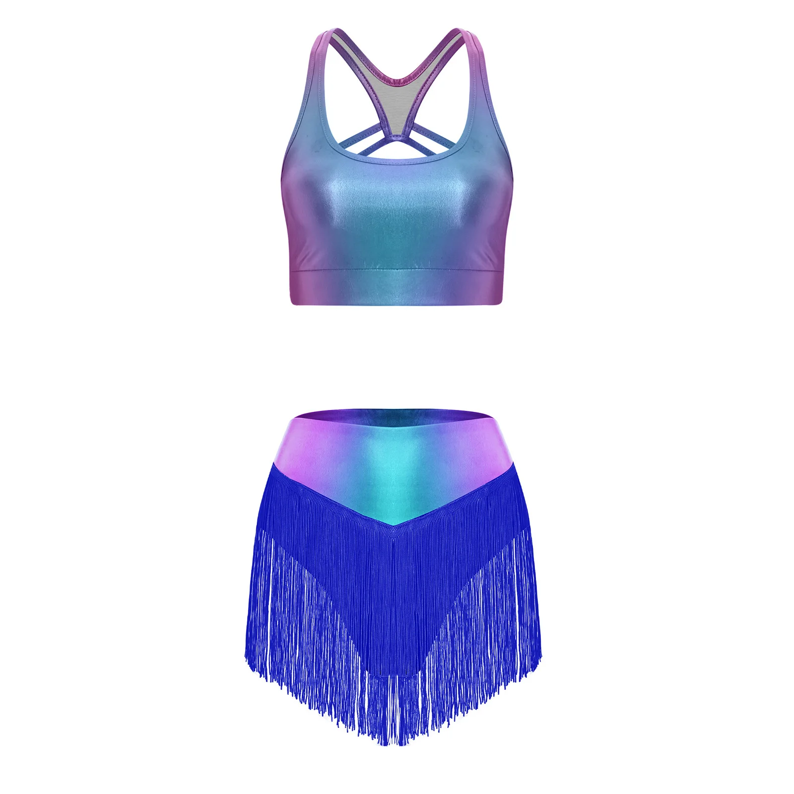 

Womens Raves Outfit Shiny Dancewear with Flowing Fringe Sleeveless Crop Top And Briefs Shorts Suit for Pole Dance Night Clubwear