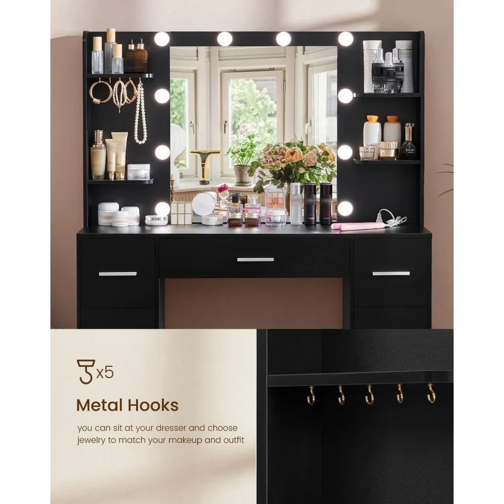 Meja Rias Besar dengan Cermin Berlampu LED & Stopkontak, Meja Rias dengan 7 Laci, 4 Rak, dan 5 Pengait, Meja Rias