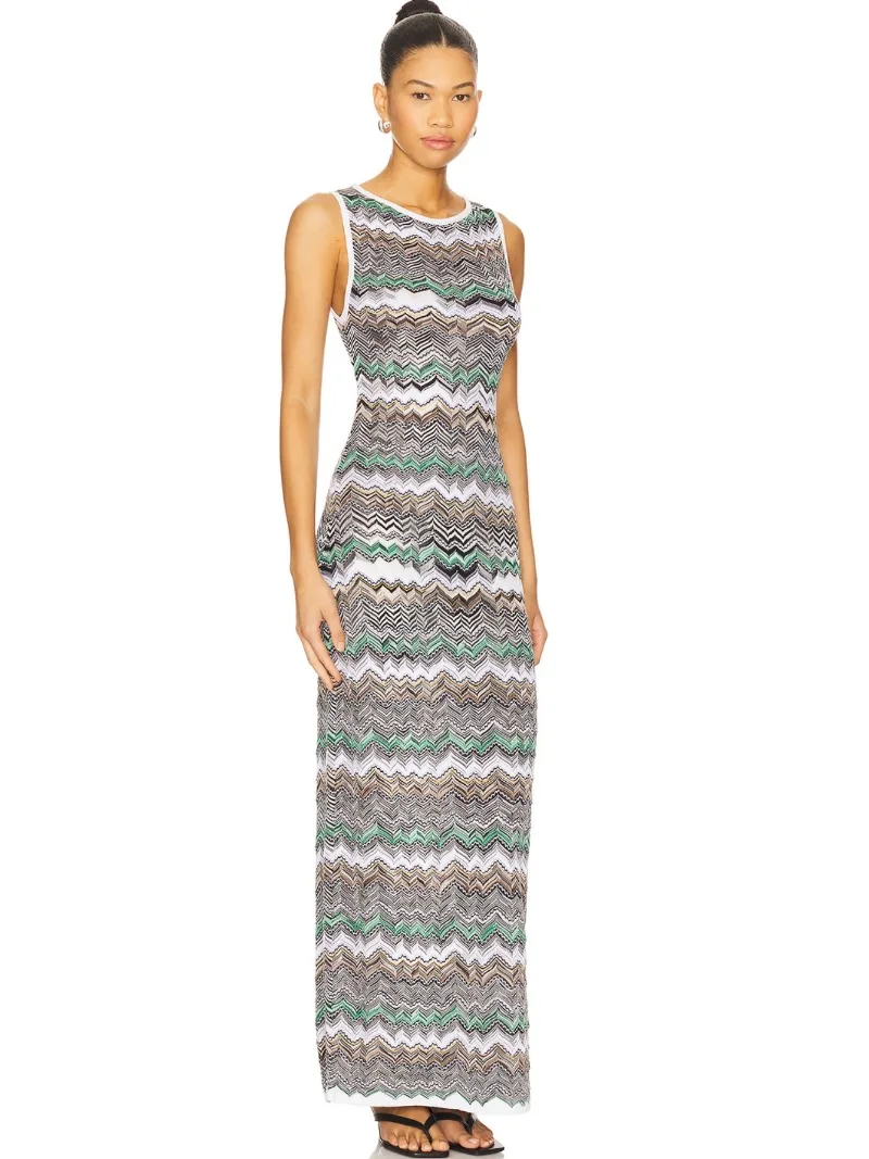Women Knitted Dress with Geometric Pattern and Stripe Design Casual Summer Beach Vacation Dress Female Evening Party Dress