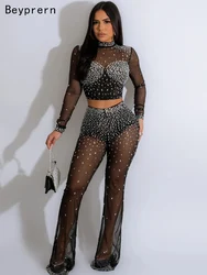 Beyprern-Top corto de malla transparente con diamantes de imitación para mujer, conjunto de pantalones de piernas anchas, chándal de cristal brillante, traje de cumpleaños