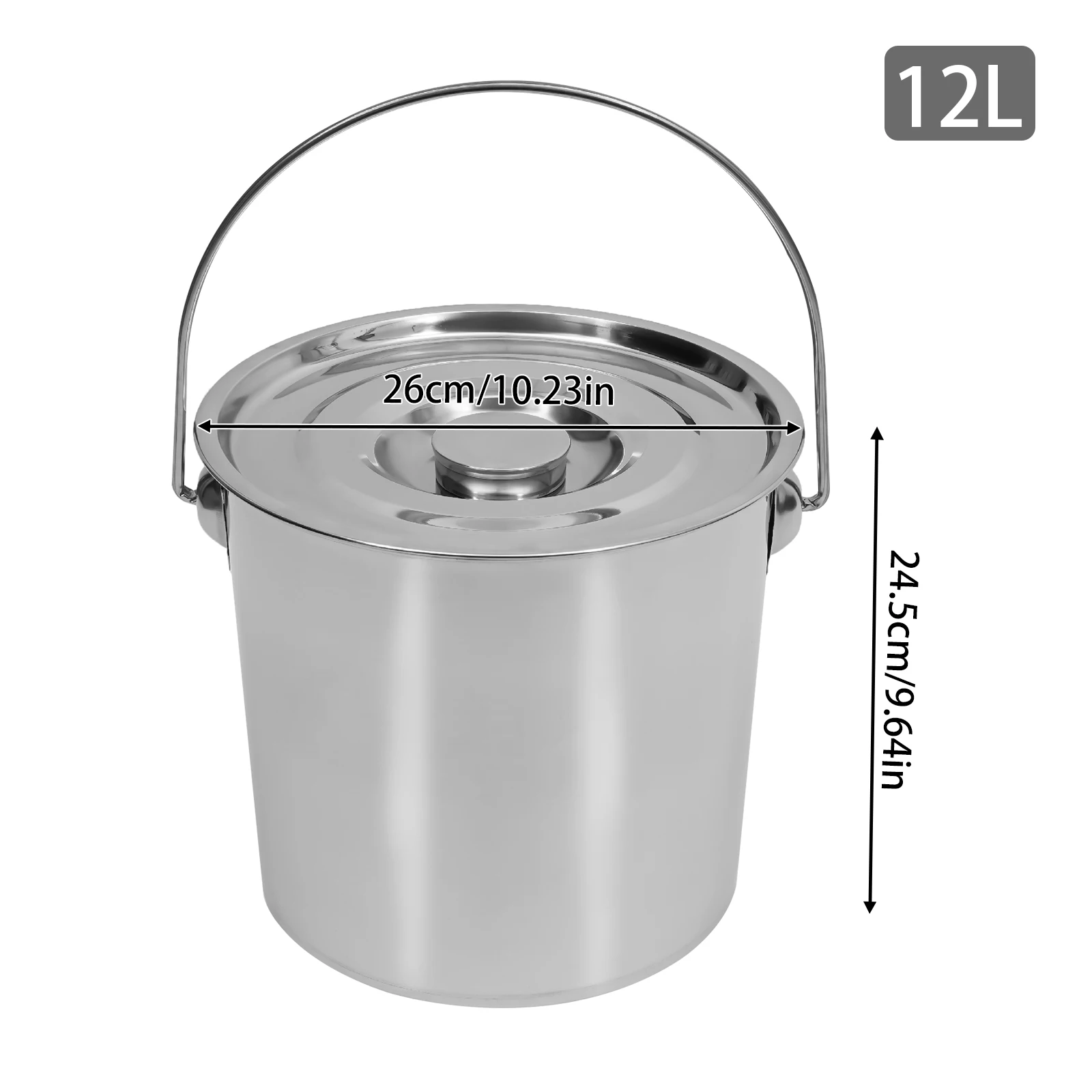 Stainless Steel Bucket with Cover, Extra Thick, 1.6mm, 12L