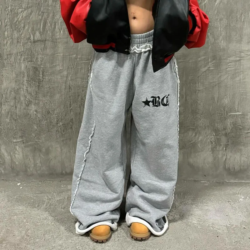 

Four season reversible waistline design solid color letter printed wide leg pants for women's basic street casual sports pants