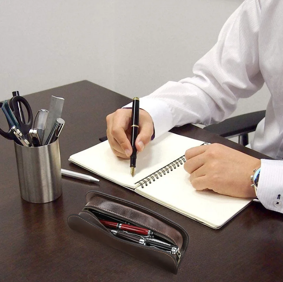 1 قطعة حقيبة أقلام رصاص من جلد البقر السميك اليدوية سعة كبيرة مكتب الطالب سستة الإبداعية القلم حقيبة التخزين اللوازم المكتبية المدرسية