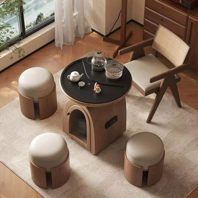 Small apartment movable tea table kettle integrated medium and ancient style designer solid wood balcony living room home