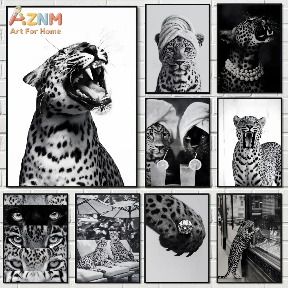 AZNM Black White Fashion Leopard Canvas Print Luxury Cheetah Towel Pearl Diamond Cocktail Cool Wild Animal Modern Girls Bedroom