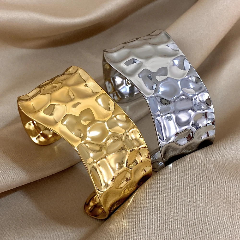 Greatera Textured Gold Plated Stainless Steel Cuff Bracelet Bangele for Women Hammered Metal Wide Bracelets Pulseras Jewelry