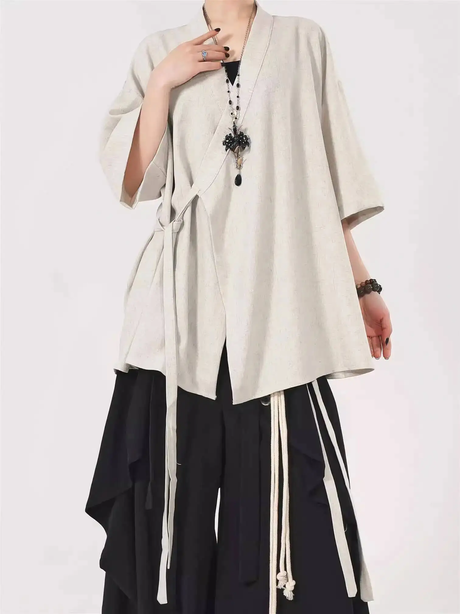 봄과 여름 남자 여자 셔츠 중국 스타일 수정 Hanfu 여성 묶인 기울어진 옷깃 v 넥 카디건