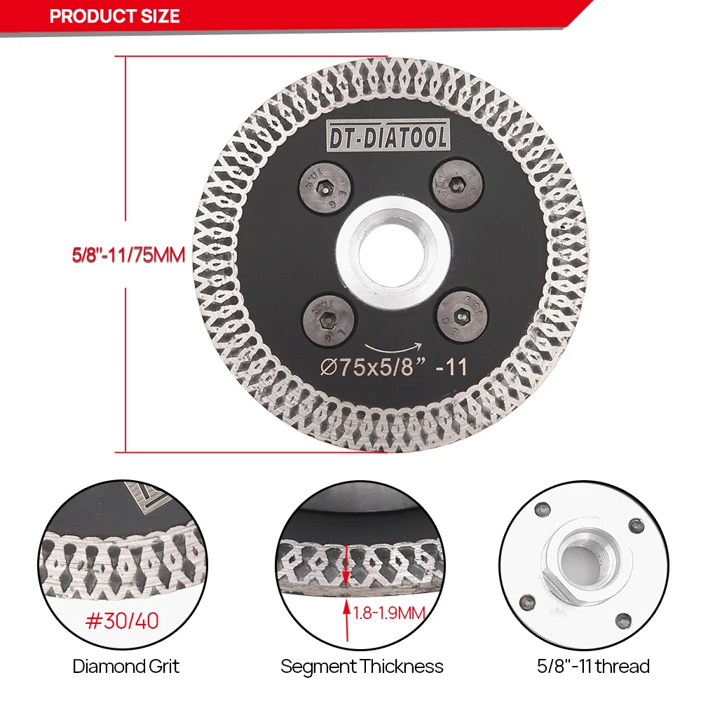 DT-DIATOOL 2pcs 75MM Hot Pressed Mini Mesh Turbo Rim Diamond Saw Blades With Removable M14 or 5/8-11 Flange Stone Cutting Disc